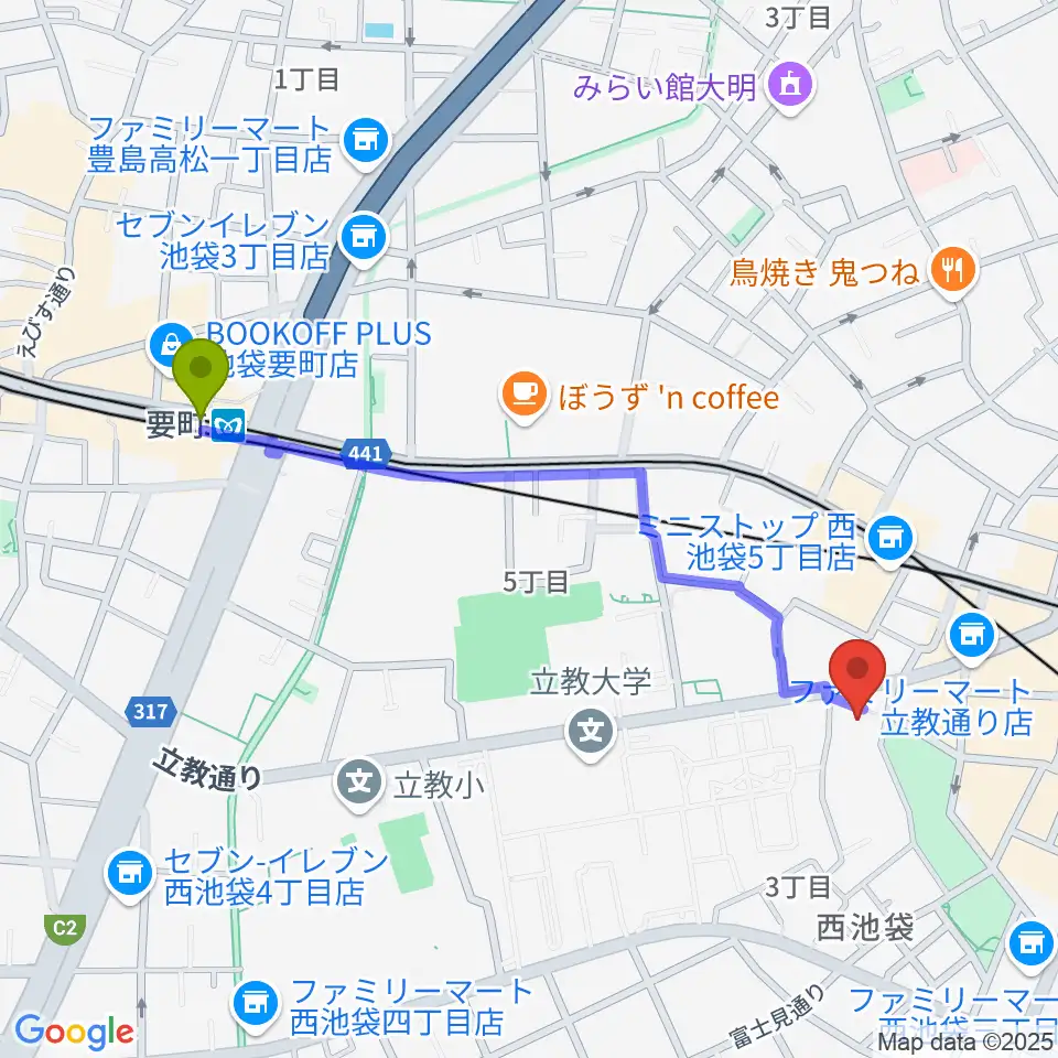 要町駅から池袋アップルジャンプへのルートマップ地図