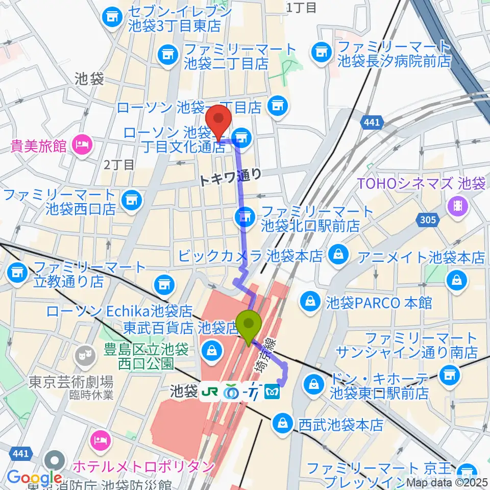 池袋手刀 チョップの最寄駅池袋駅からの徒歩ルート（約7分）地図