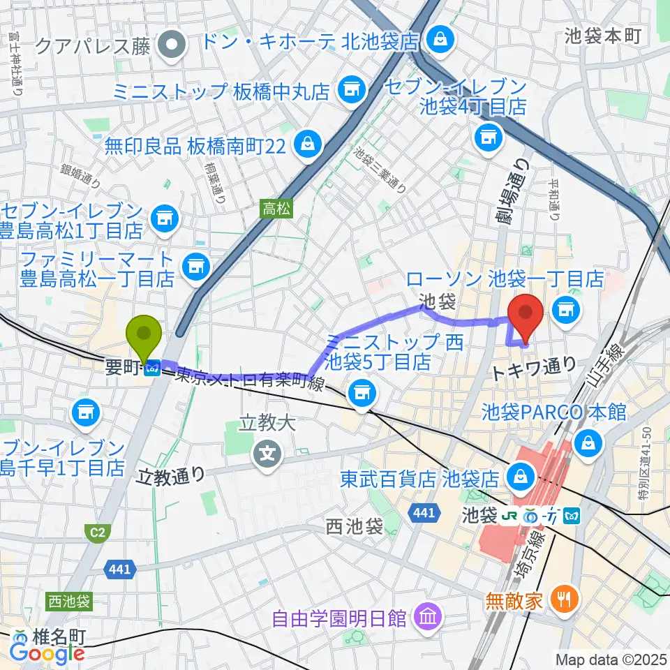 要町駅から池袋手刀 チョップへのルートマップ地図