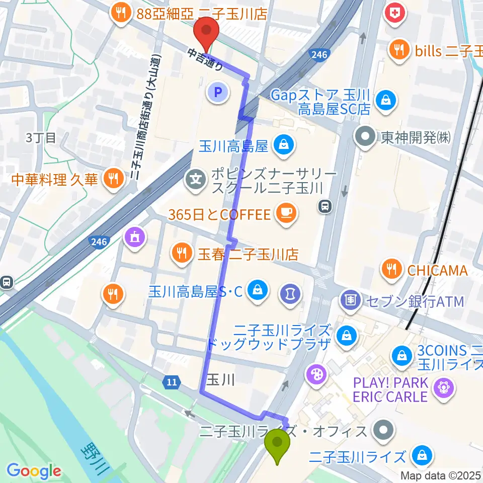 二子玉川GEMINI Theaterの最寄駅二子玉川駅からの徒歩ルート（約7分）地図