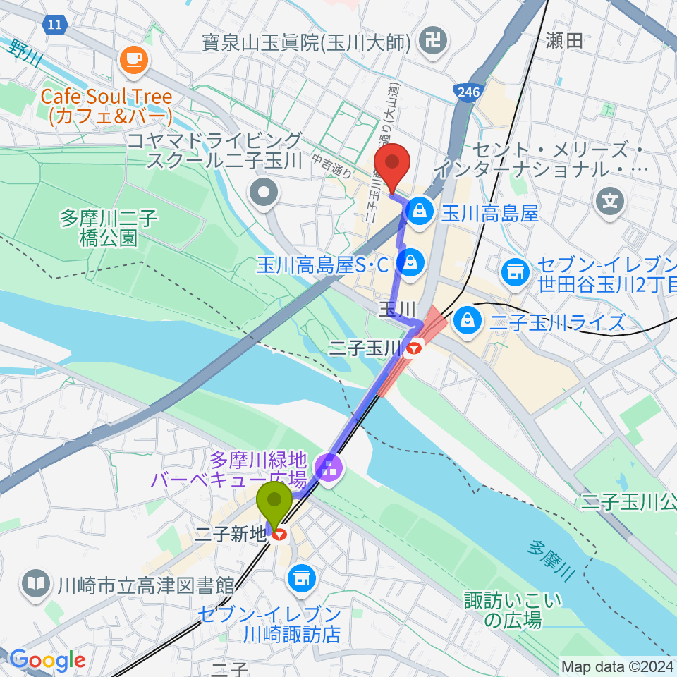 二子新地駅から二子玉川GEMINI Theaterへのルートマップ地図