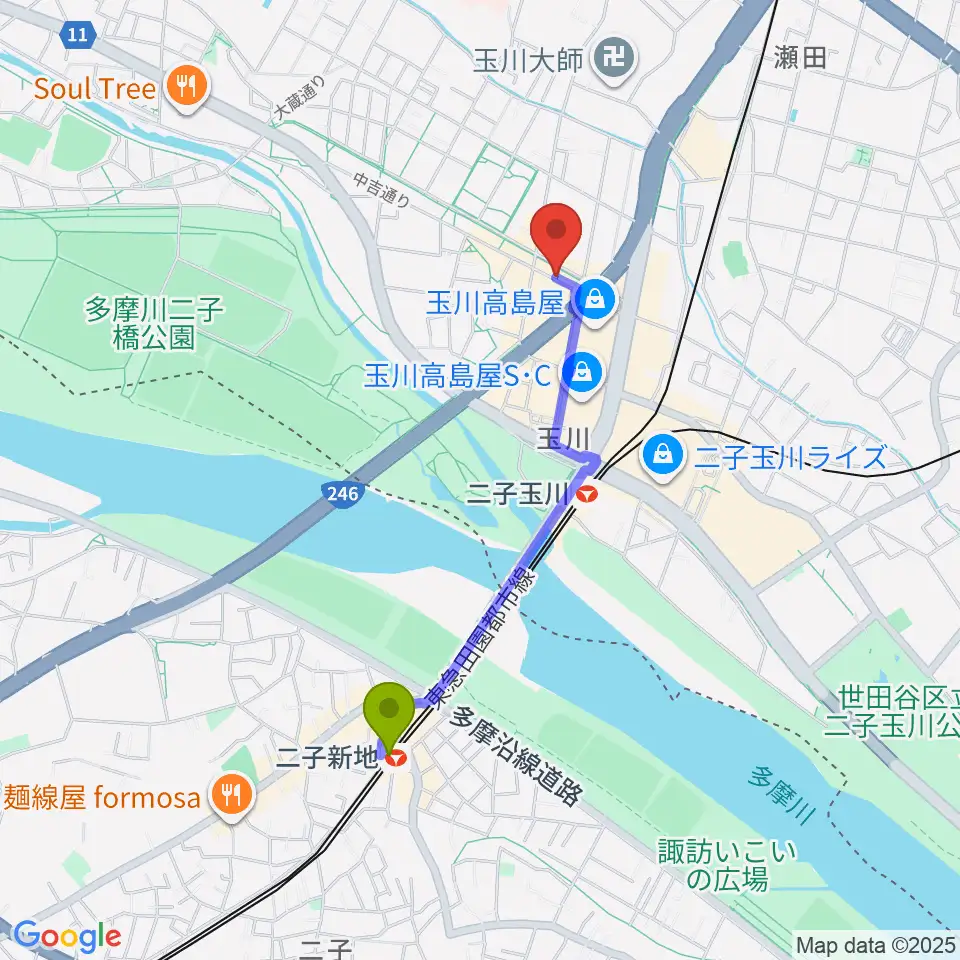 二子新地駅から二子玉川GEMINI Theaterへのルートマップ地図