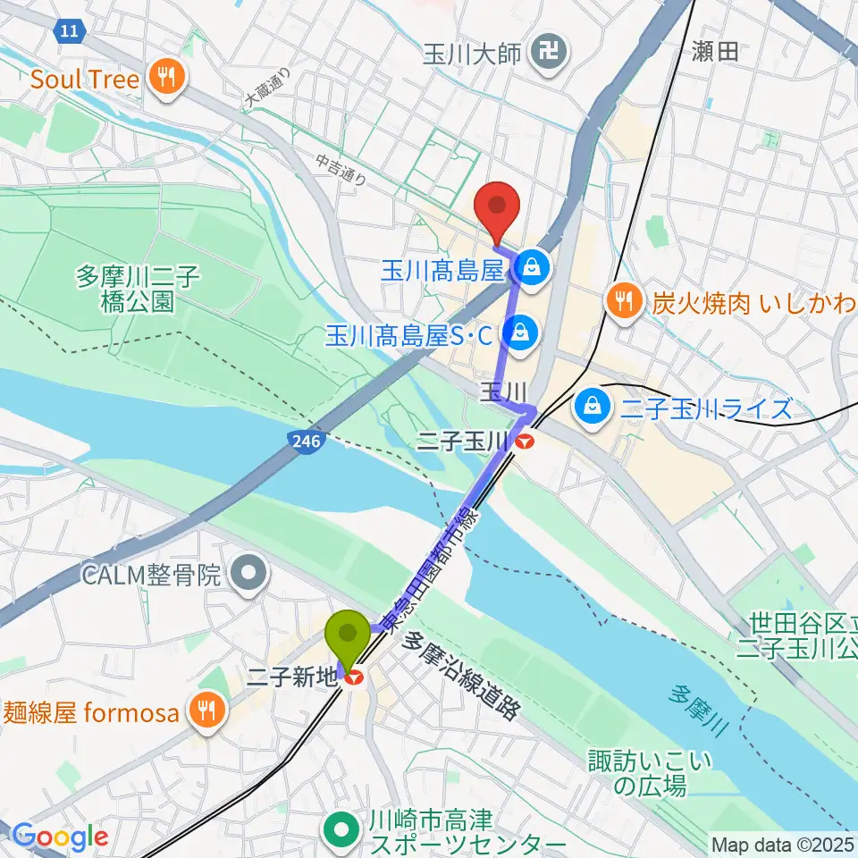 二子新地駅から二子玉川GEMINI Theaterへのルートマップ地図
