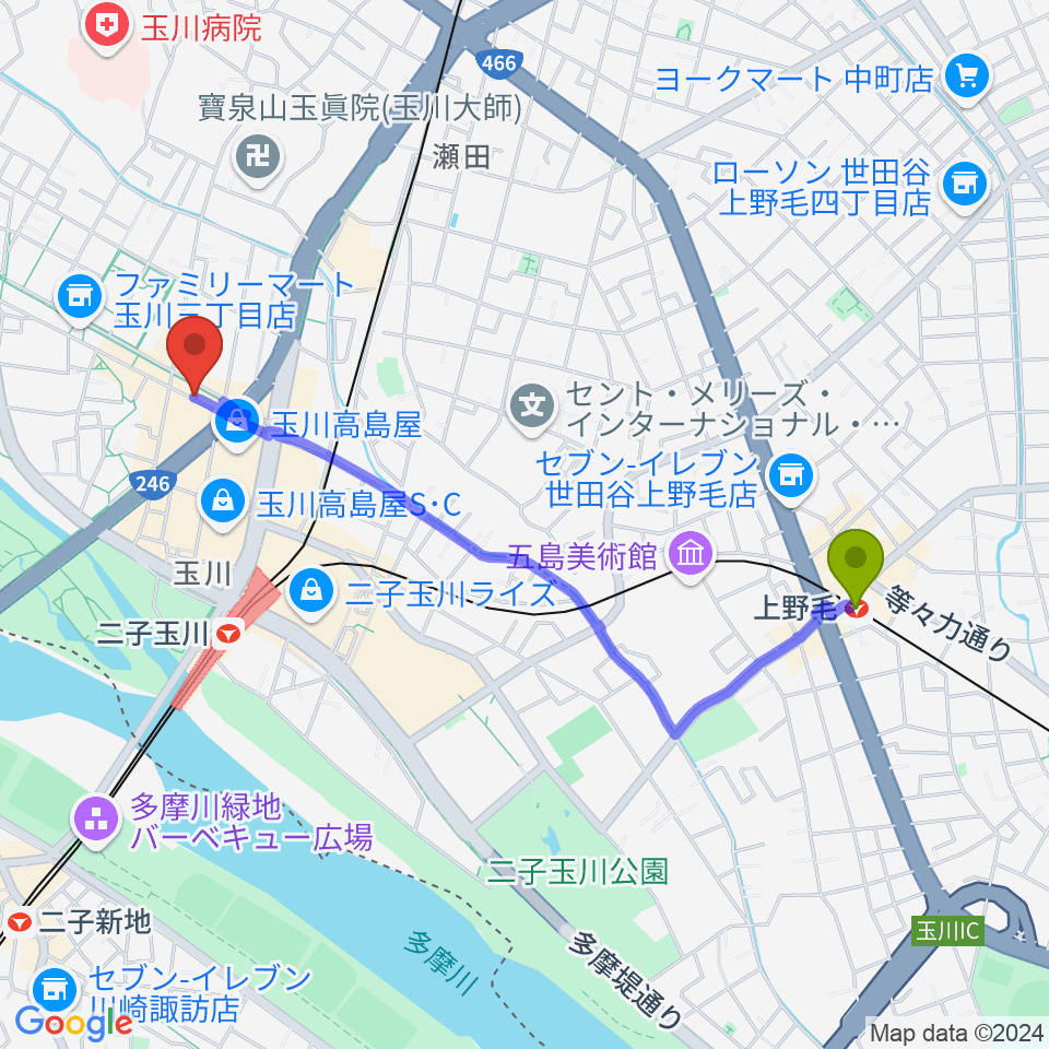 上野毛駅から二子玉川GEMINI Theaterへのルートマップ地図