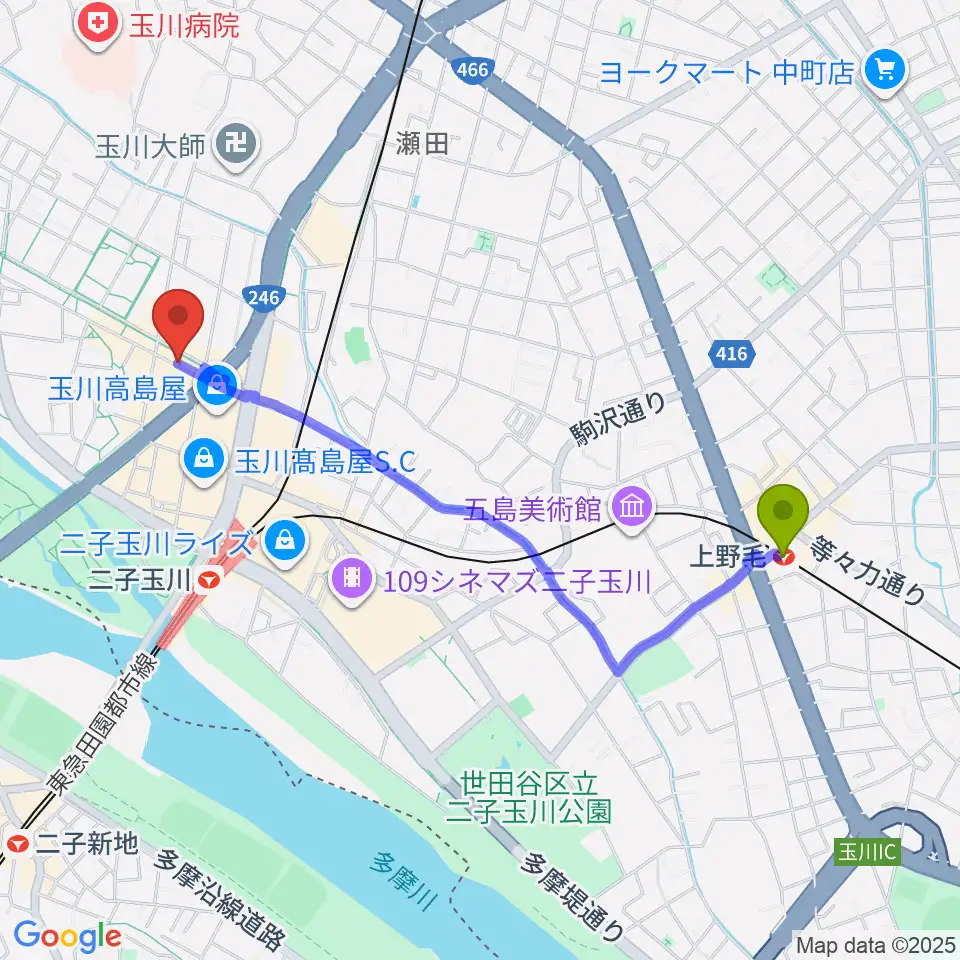 上野毛駅から二子玉川GEMINI Theaterへのルートマップ地図