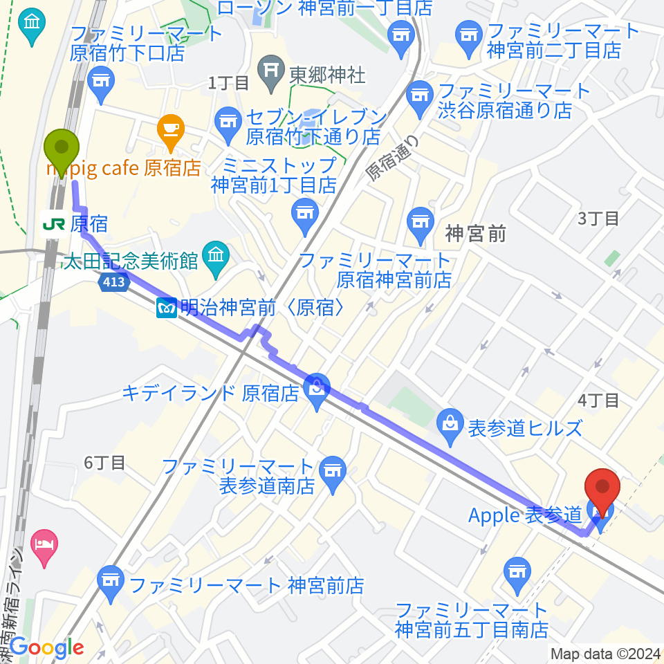 原宿駅から表参道GROUNDへのルートマップ地図