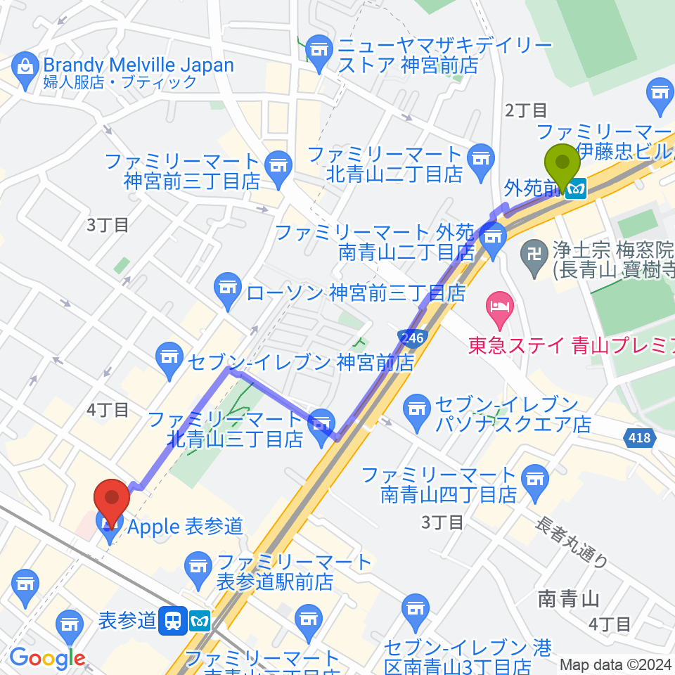 外苑前駅から表参道GROUNDへのルートマップ地図