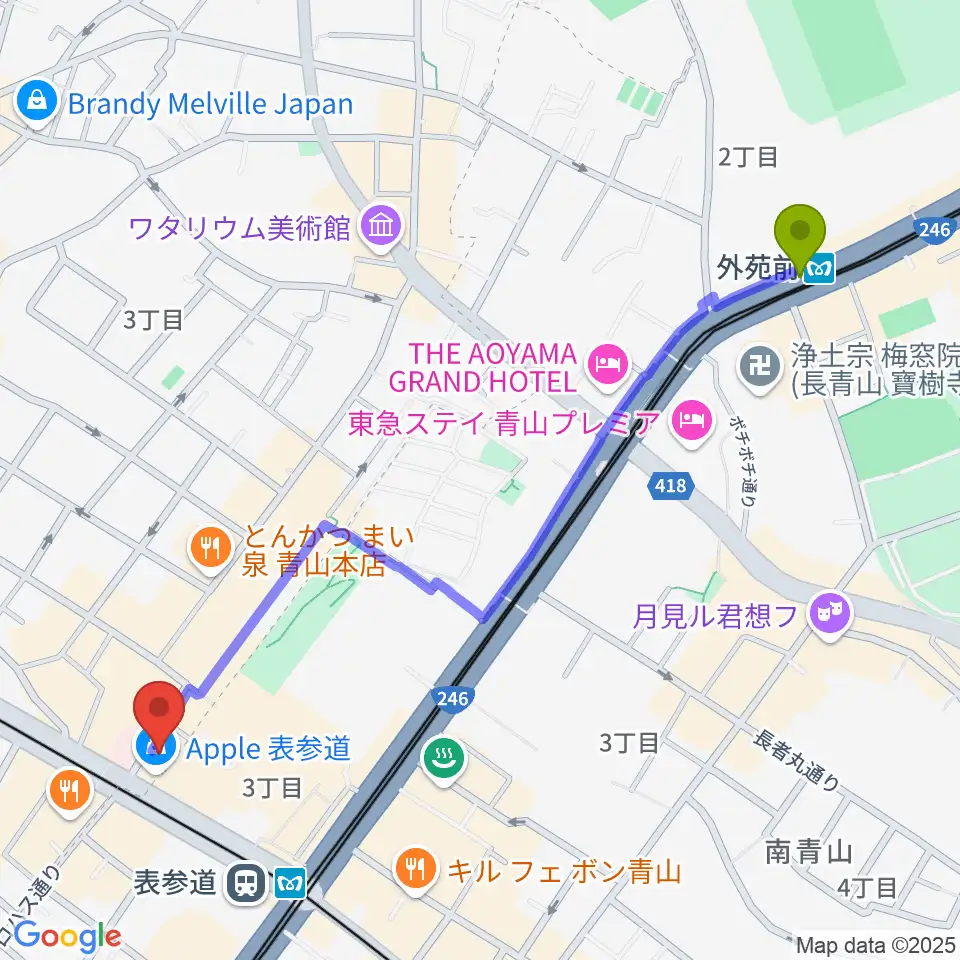 外苑前駅から表参道GROUNDへのルートマップ地図