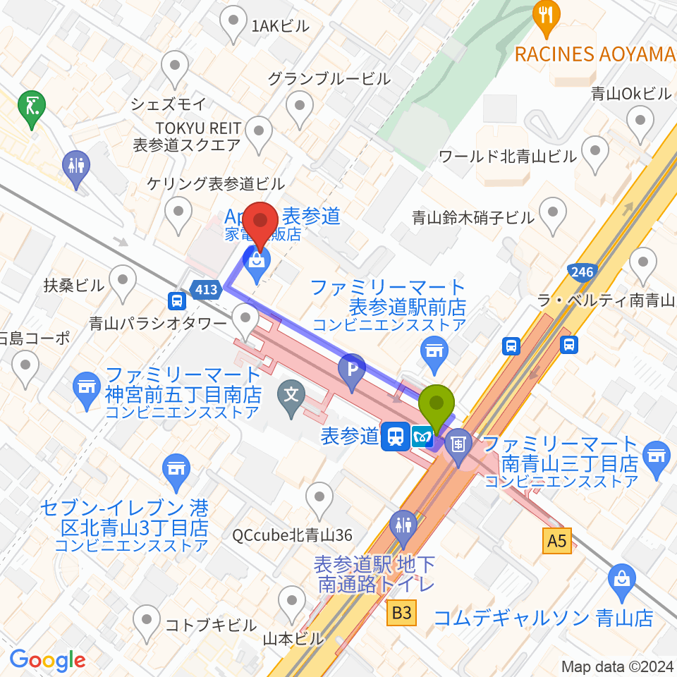 表参道GROUNDの最寄駅表参道駅からの徒歩ルート（約3分）地図