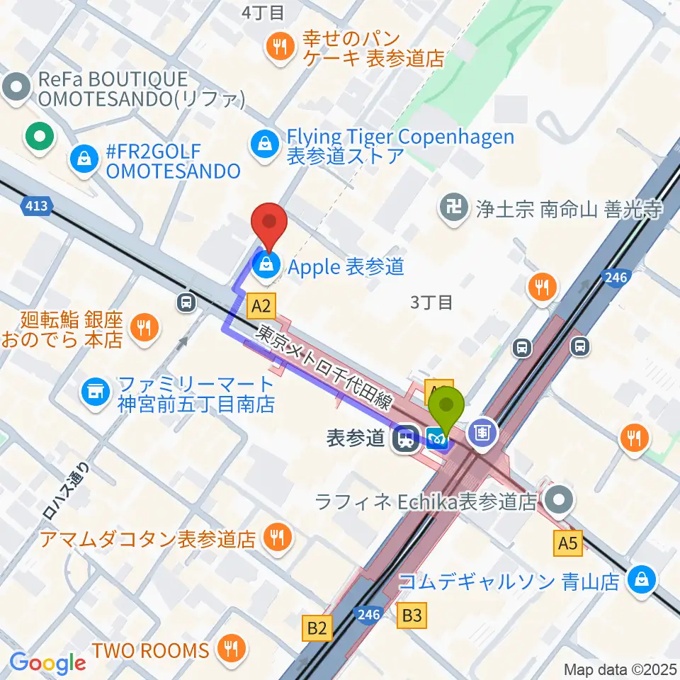 表参道GROUNDの最寄駅表参道駅からの徒歩ルート（約3分）地図
