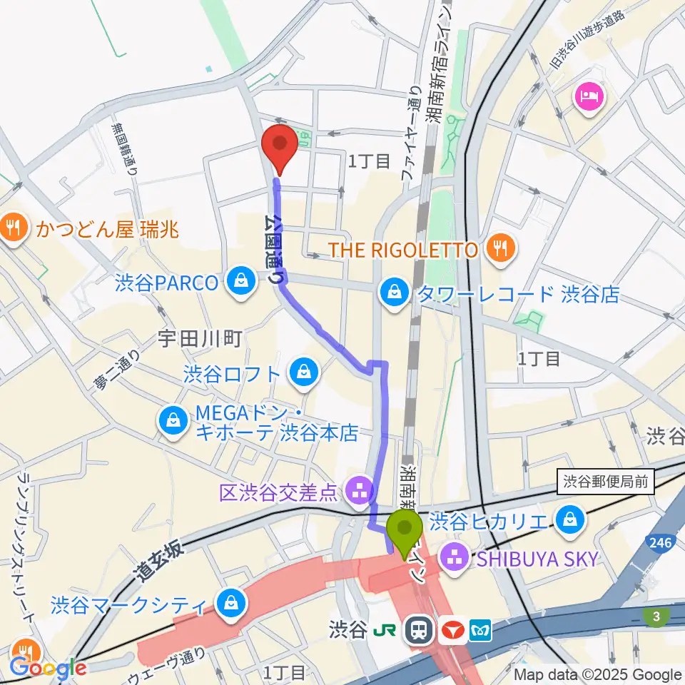 渋谷UNDERBARの最寄駅渋谷駅からの徒歩ルート（約9分）地図