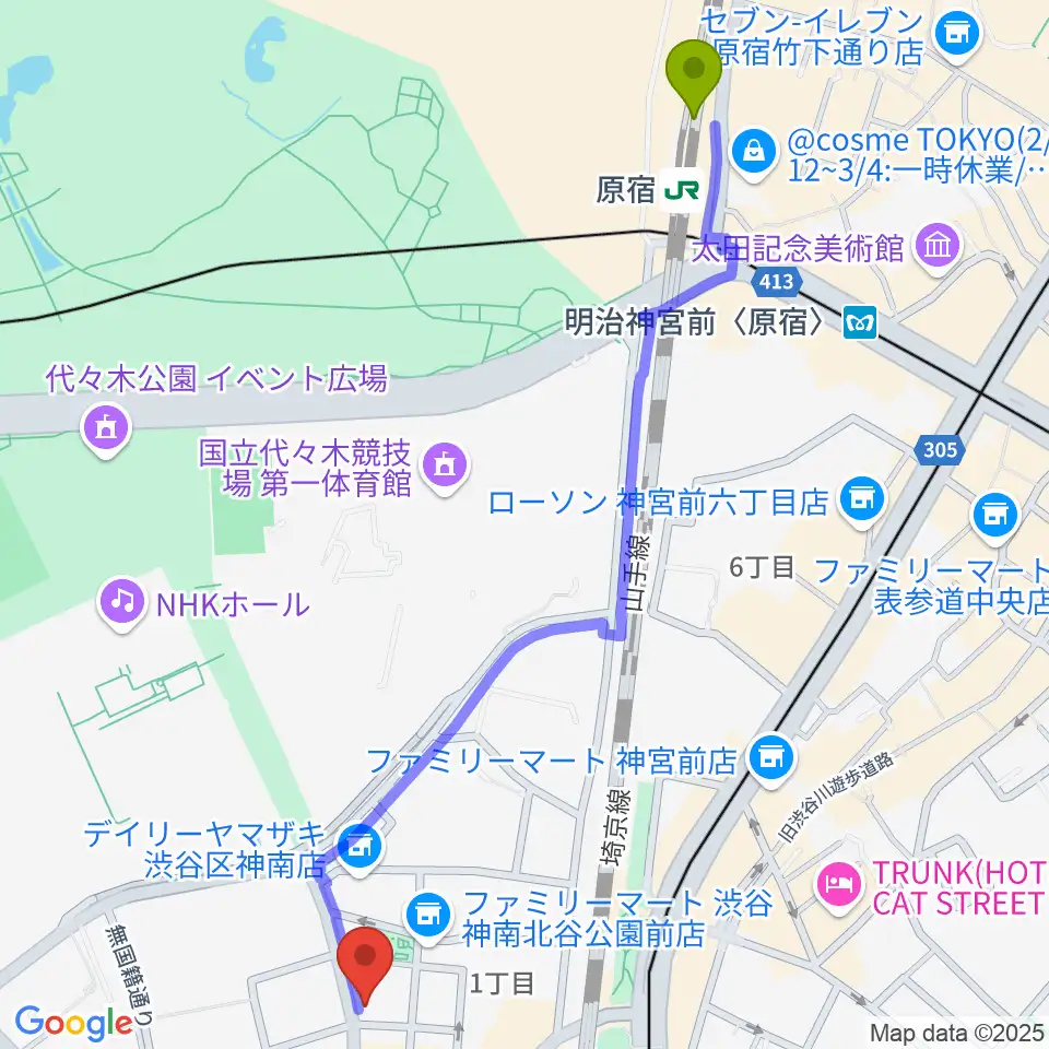 原宿駅から渋谷UNDERBARへのルートマップ地図