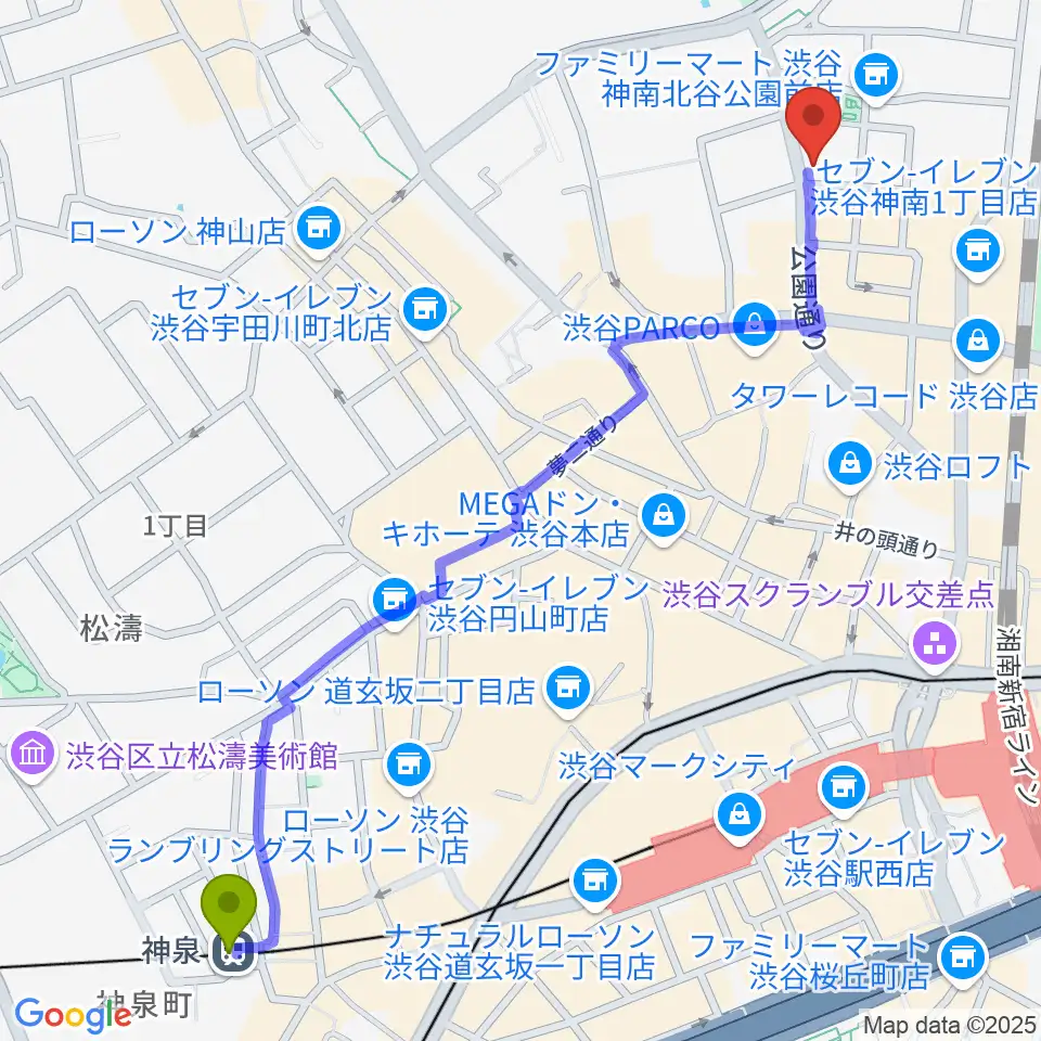 神泉駅から渋谷UNDERBARへのルートマップ地図