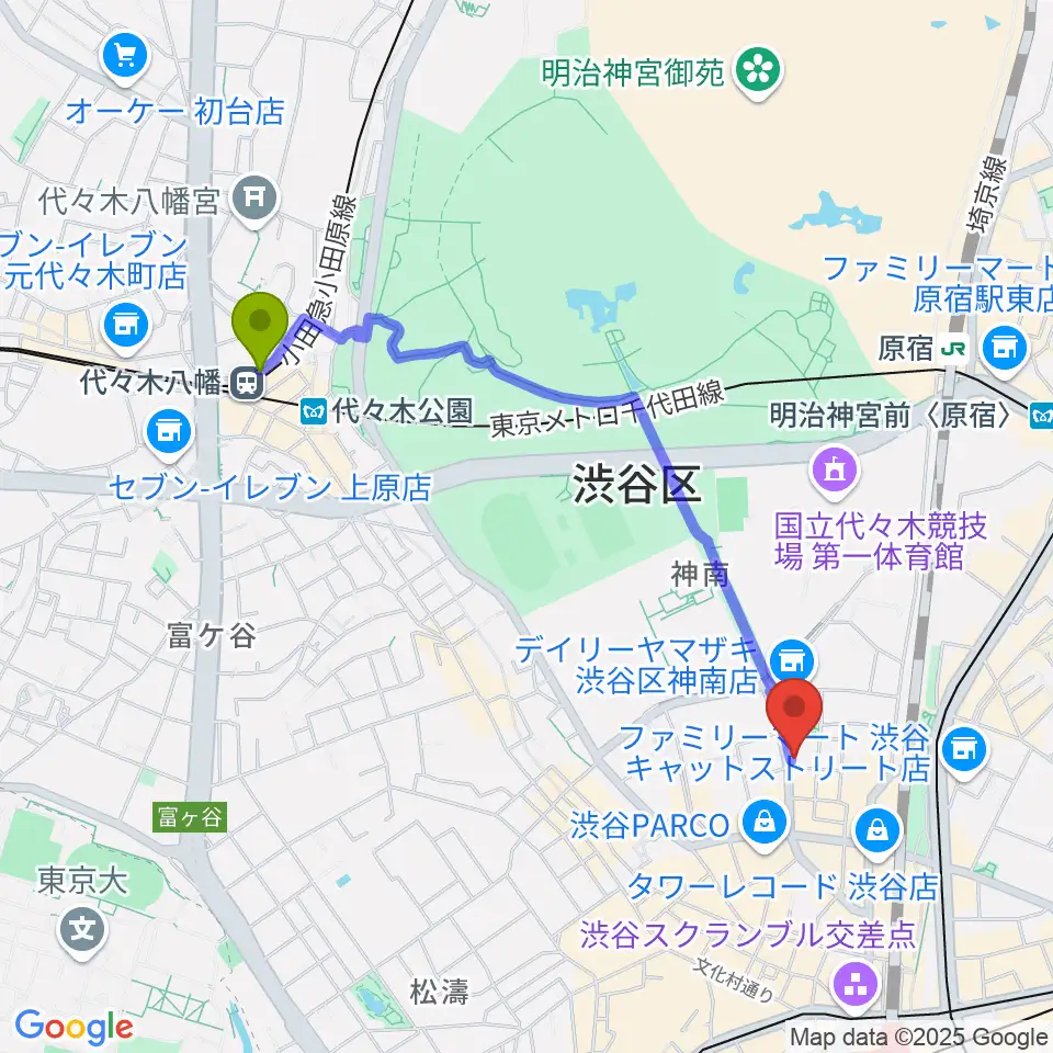 代々木八幡駅から渋谷UNDERBARへのルートマップ地図