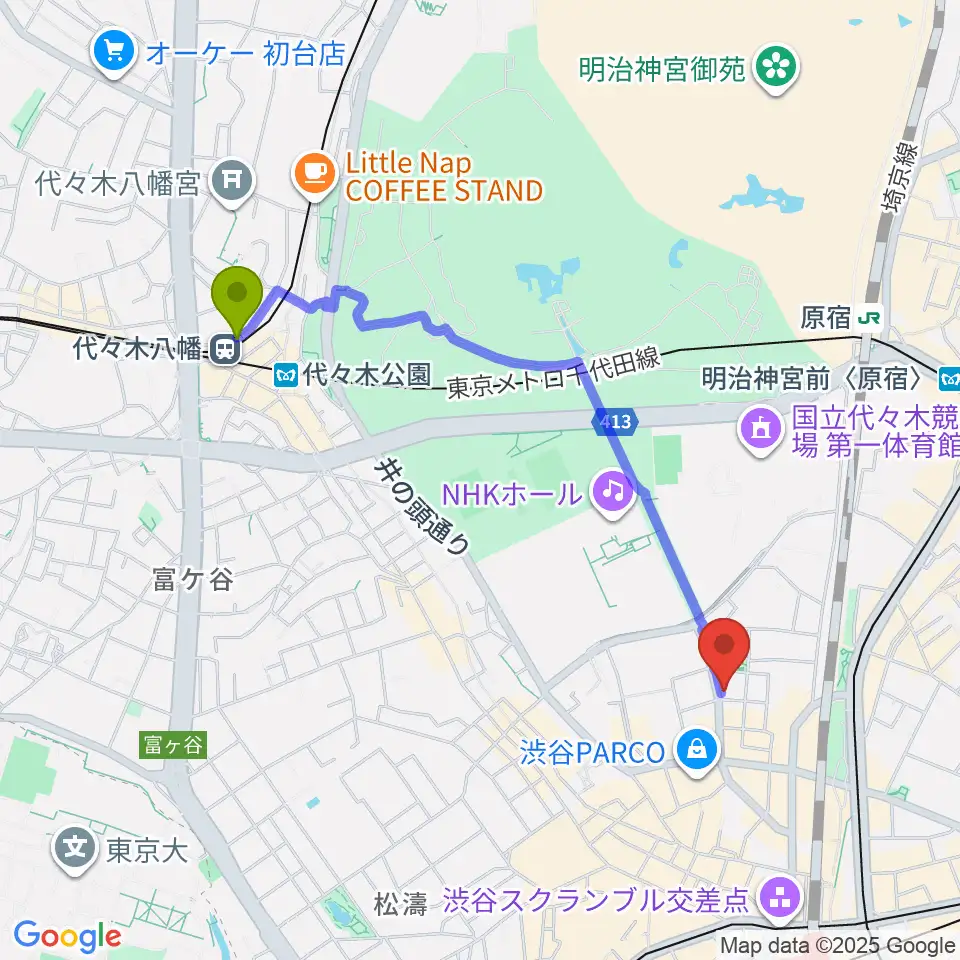 代々木八幡駅から渋谷UNDERBARへのルートマップ地図