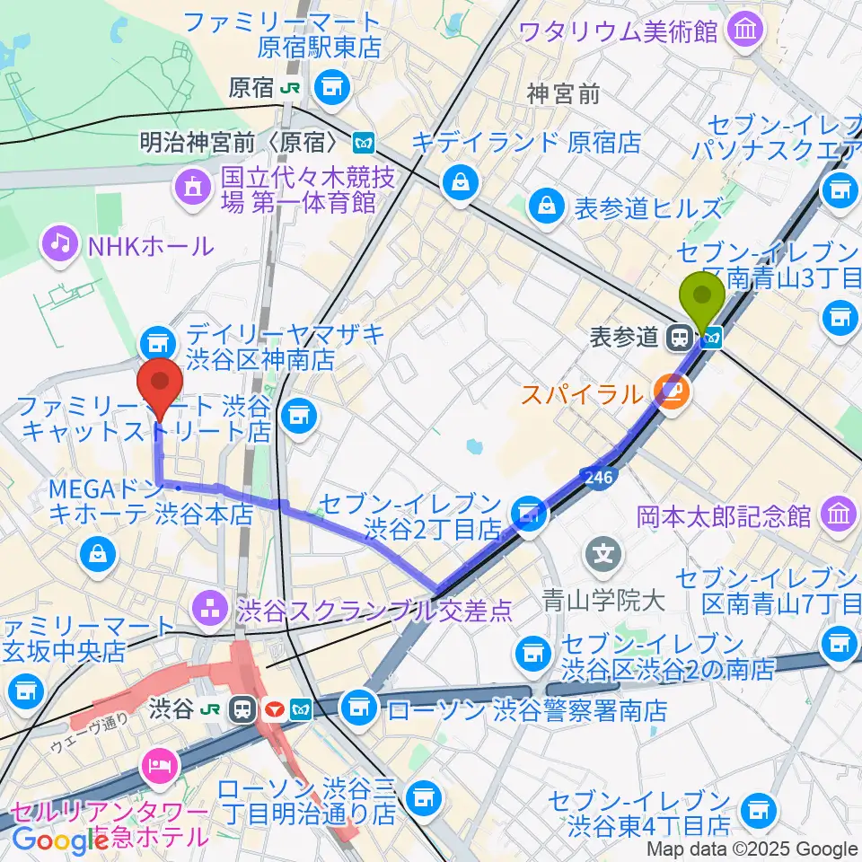 表参道駅から渋谷UNDERBARへのルートマップ地図