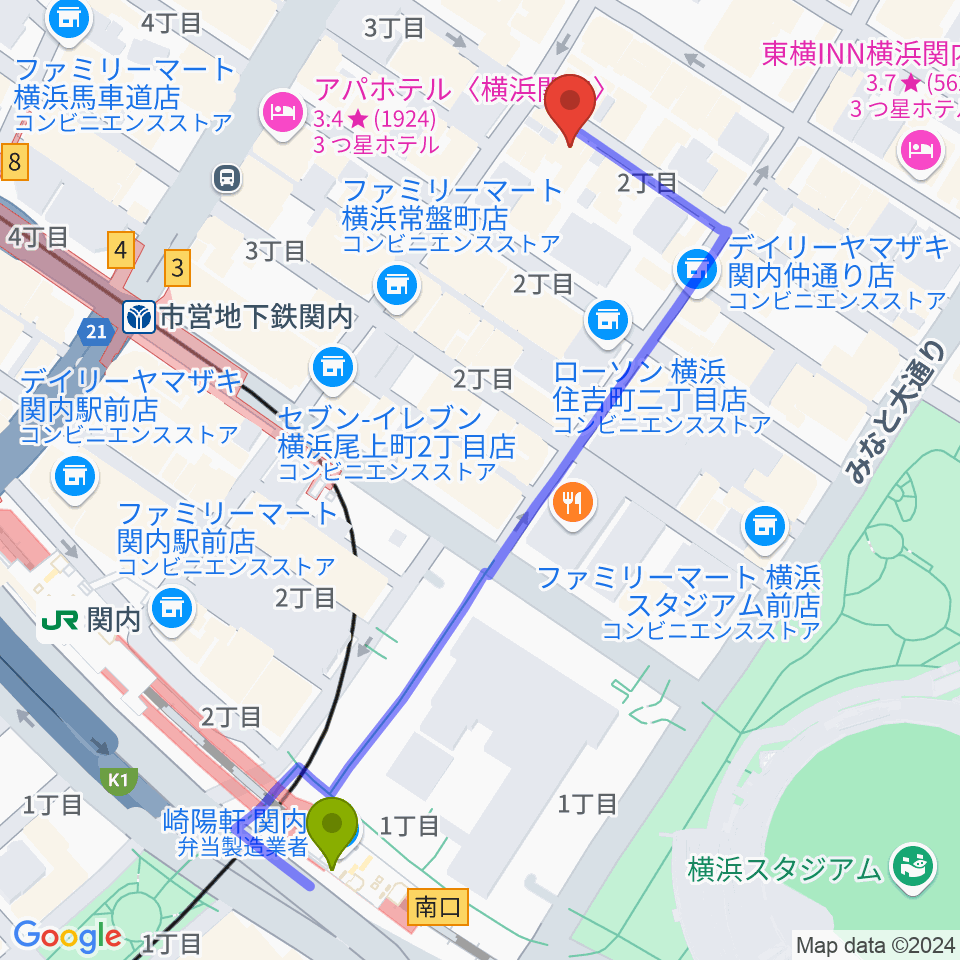 BarBarBar音楽院の最寄駅関内駅からの徒歩ルート（約6分）地図