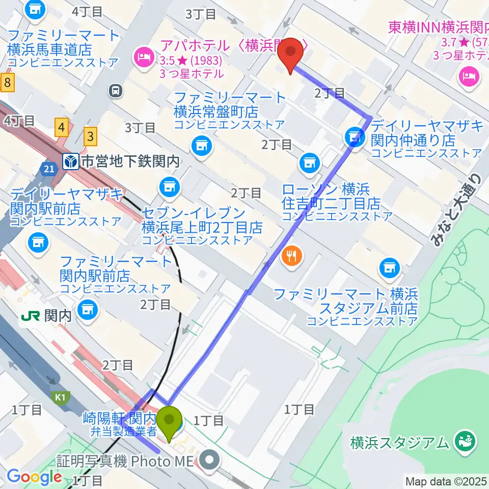 BarBarBar音楽院の最寄駅関内駅からの徒歩ルート（約6分）地図