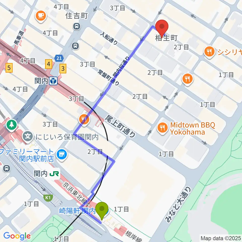BarBarBar音楽院の最寄駅関内駅からの徒歩ルート（約6分）地図