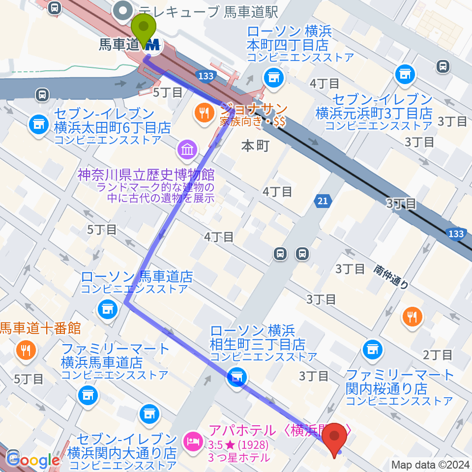 馬車道駅からBarBarBar音楽院へのルートマップ地図