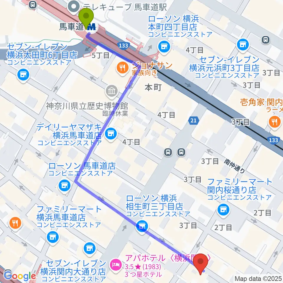 馬車道駅からBarBarBar音楽院へのルートマップ地図