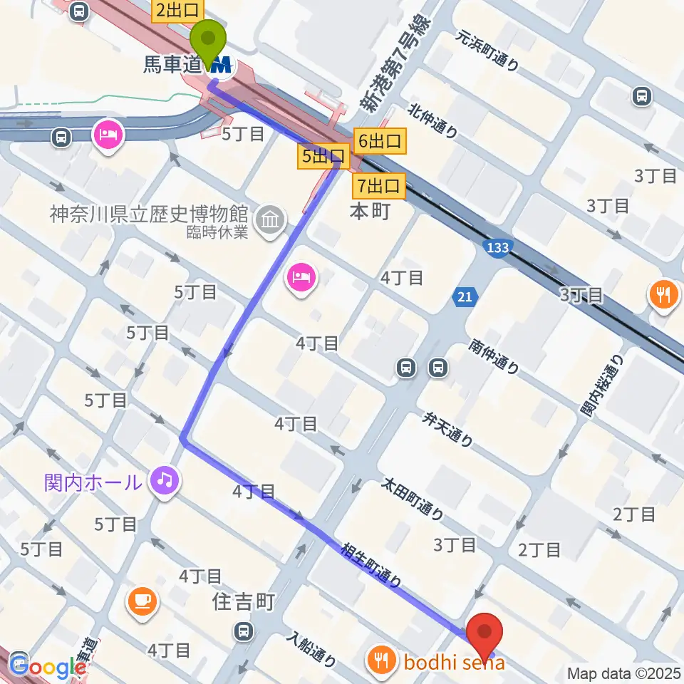馬車道駅からBarBarBar音楽院へのルートマップ地図