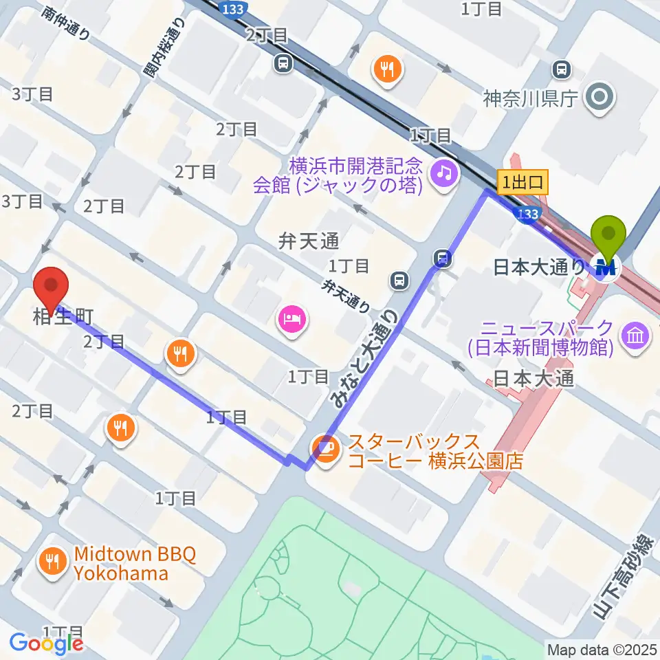 日本大通り駅からBarBarBar音楽院へのルートマップ地図