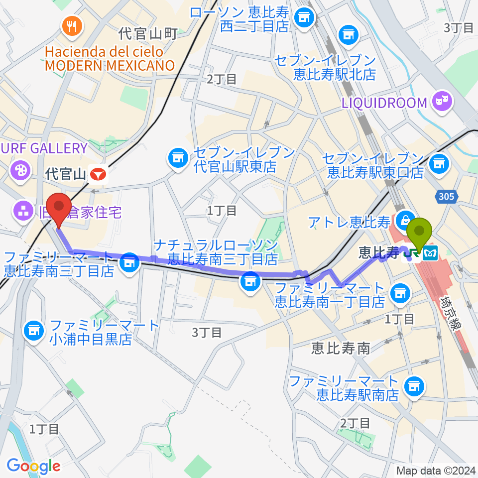 恵比寿駅から代官山UNITへのルートマップ地図