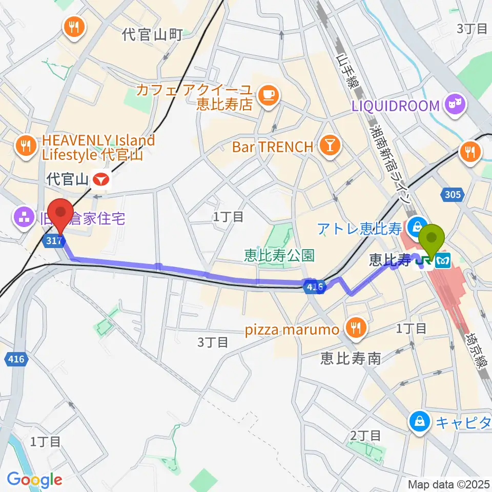 恵比寿駅から代官山UNITへのルートマップ地図