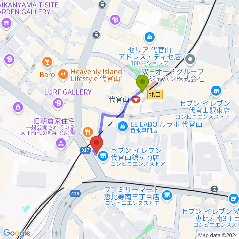 代官山UNITの最寄駅代官山駅からの徒歩ルート（約2分）地図