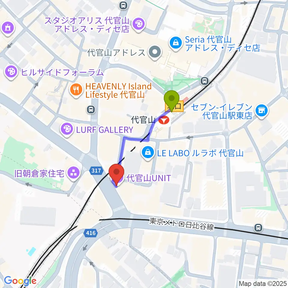 代官山UNITの最寄駅代官山駅からの徒歩ルート（約2分）地図