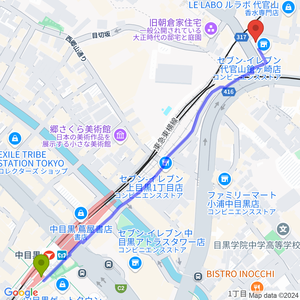 中目黒駅から代官山UNITへのルートマップ地図