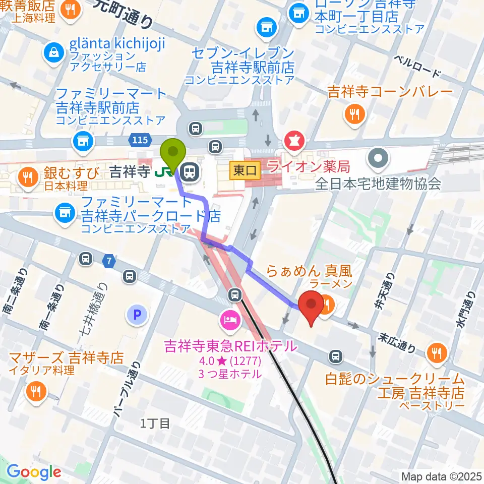 吉祥寺シャッフルの最寄駅吉祥寺駅からの徒歩ルート（約3分）地図