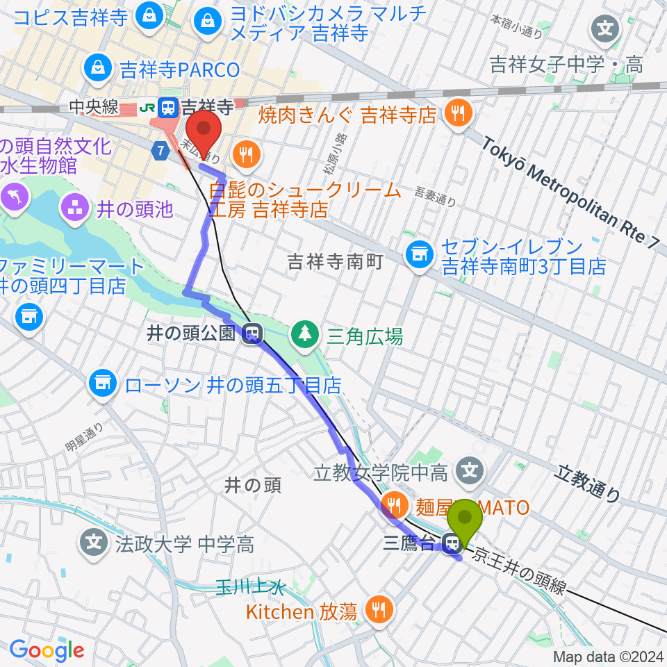 三鷹台駅から吉祥寺シャッフルへのルートマップ地図