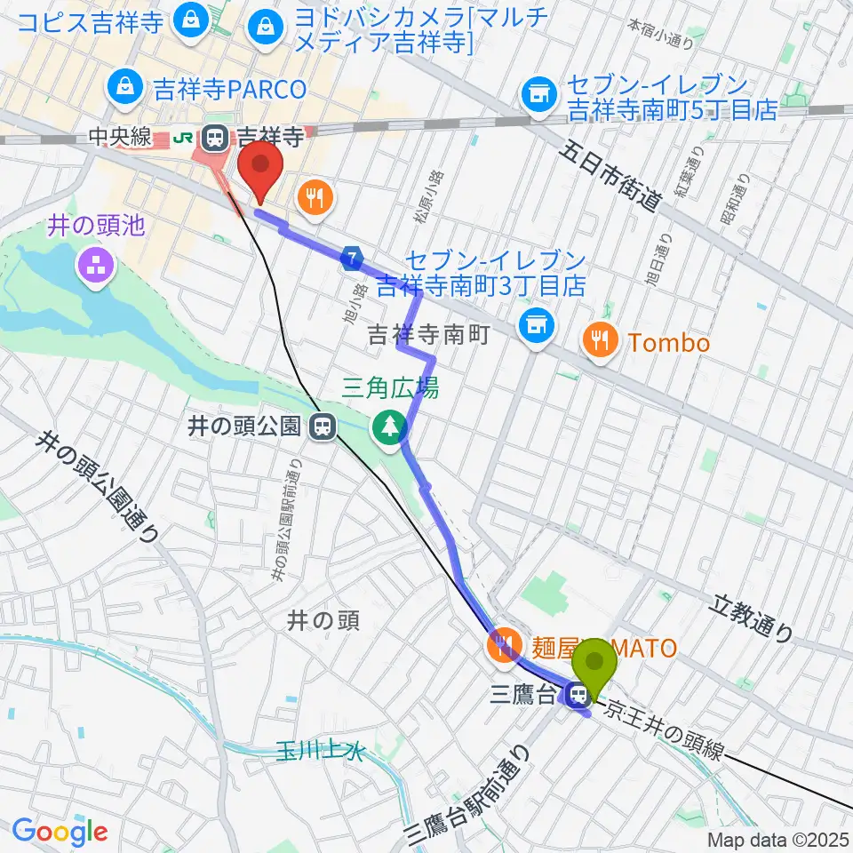 三鷹台駅から吉祥寺シャッフルへのルートマップ地図
