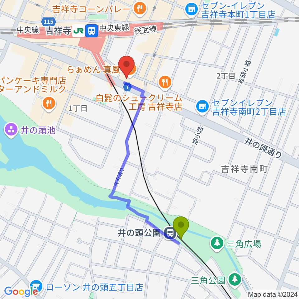 井の頭公園駅から吉祥寺シャッフルへのルートマップ地図