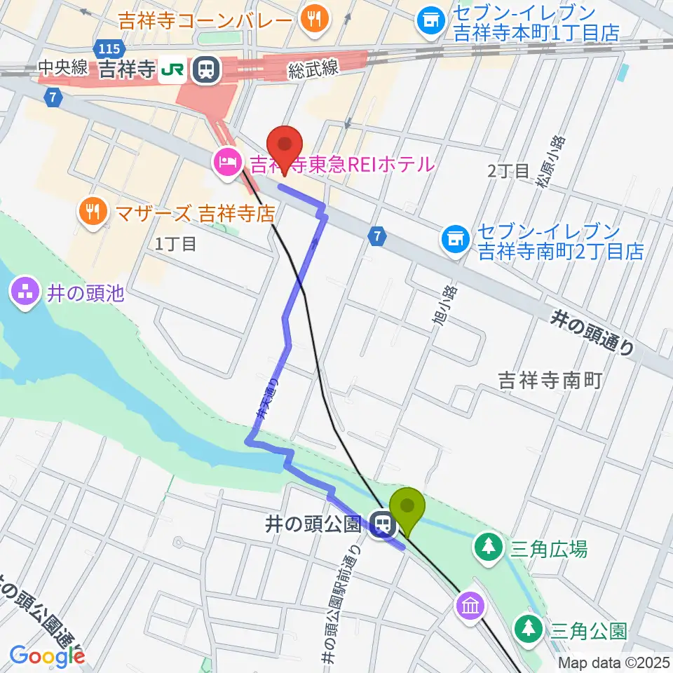 井の頭公園駅から吉祥寺シャッフルへのルートマップ地図