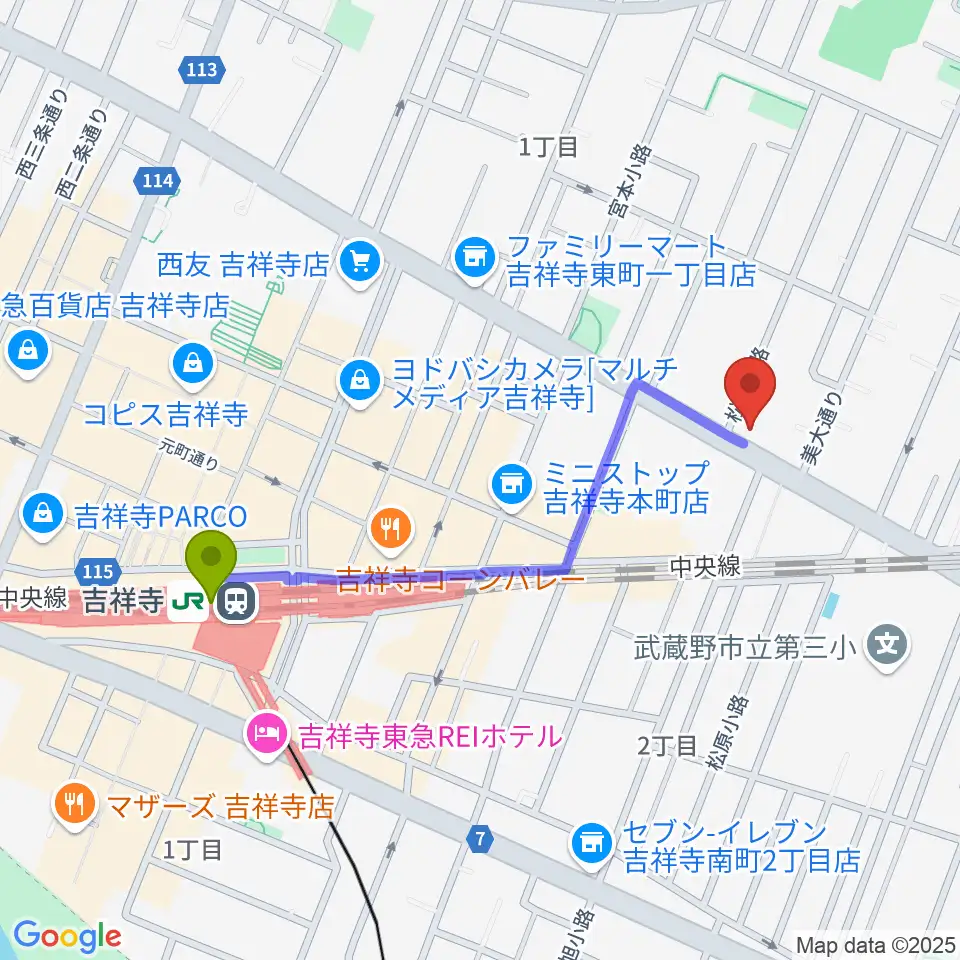吉祥寺クレッシェンドの最寄駅吉祥寺駅からの徒歩ルート（約9分）地図