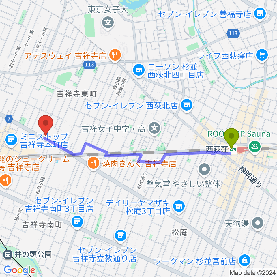 西荻窪駅から吉祥寺クレッシェンドへのルートマップ地図