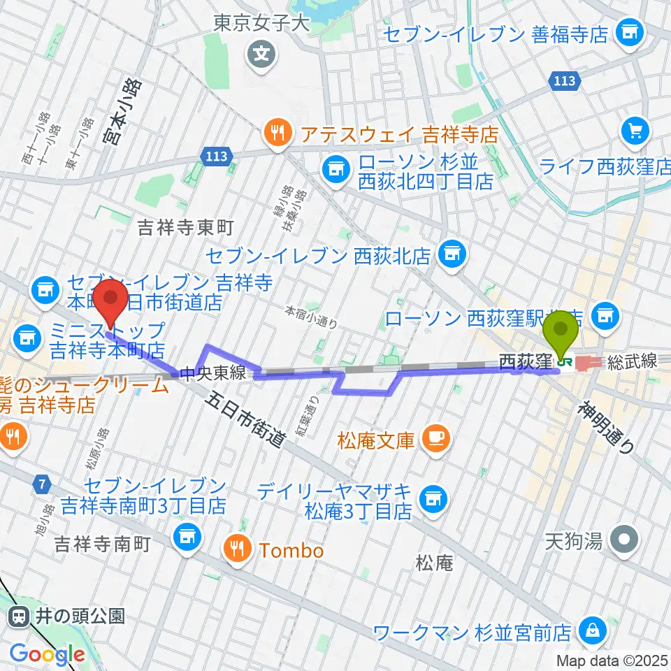 西荻窪駅から吉祥寺クレッシェンドへのルートマップ地図