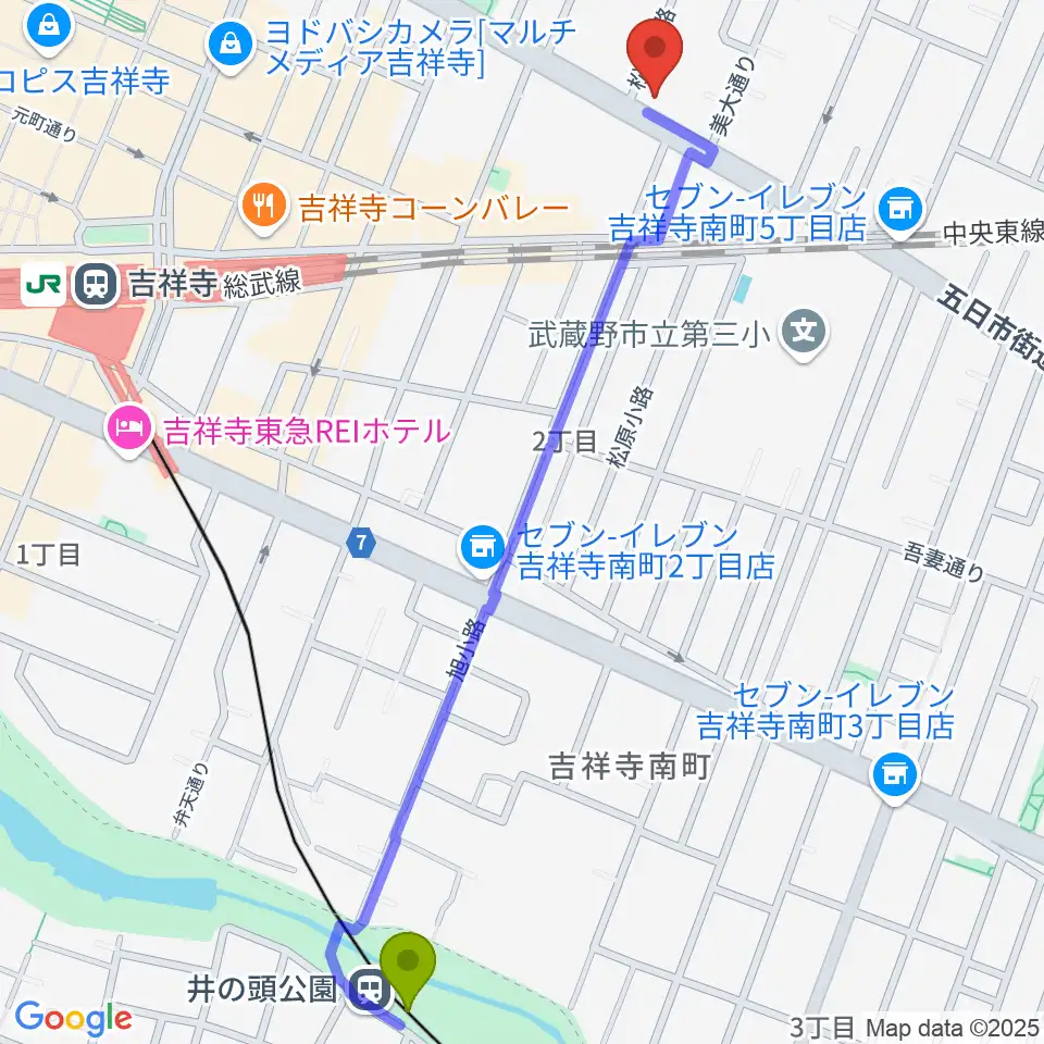 井の頭公園駅から吉祥寺クレッシェンドへのルートマップ地図