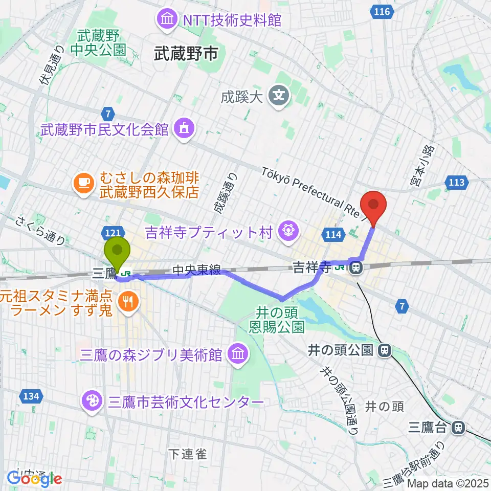 三鷹駅から吉祥寺CLUB SEATAへのルートマップ地図
