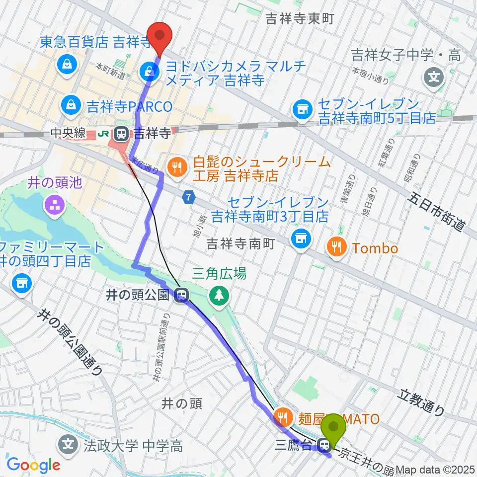三鷹台駅から吉祥寺CLUB SEATAへのルートマップ地図