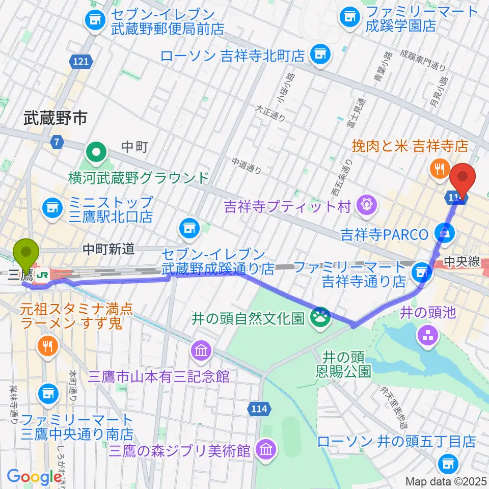 三鷹駅から吉祥寺Planet Kへのルートマップ地図