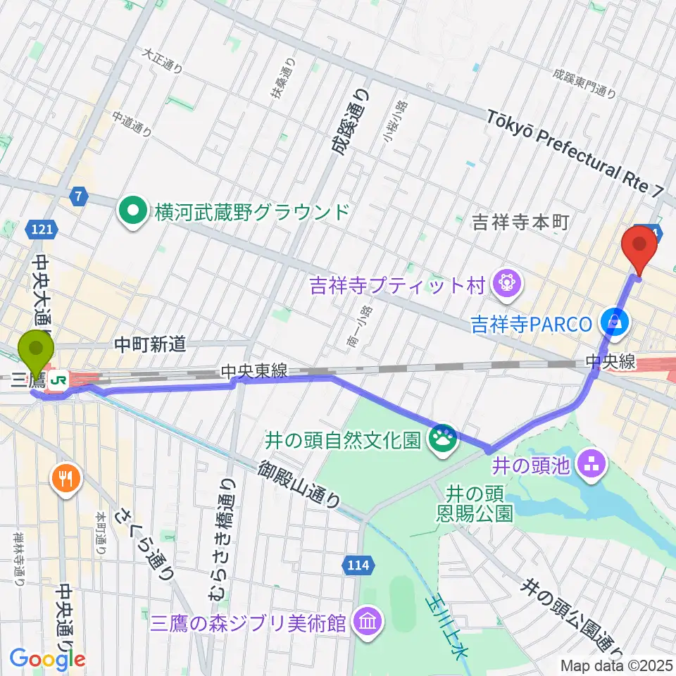 三鷹駅から吉祥寺Planet Kへのルートマップ地図