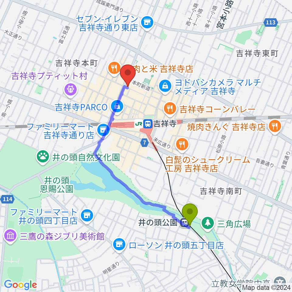 井の頭公園駅から吉祥寺Planet Kへのルートマップ地図