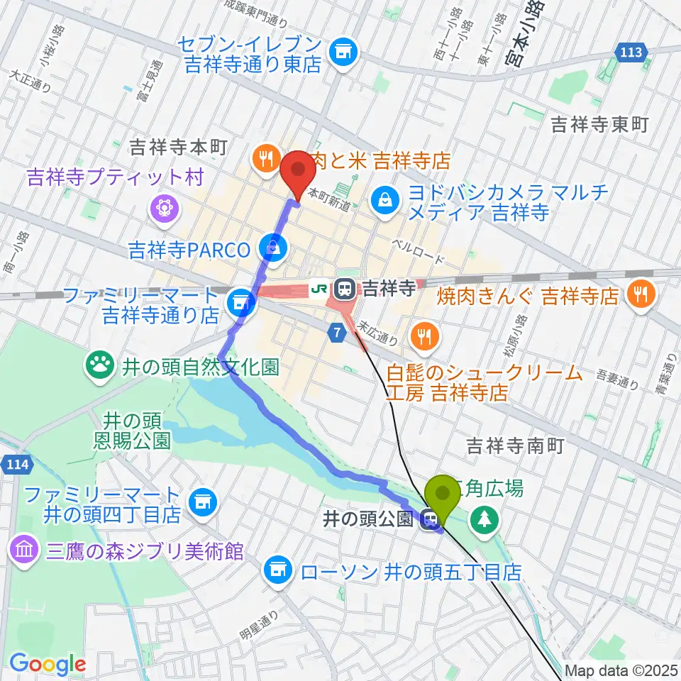 井の頭公園駅から吉祥寺Planet Kへのルートマップ地図