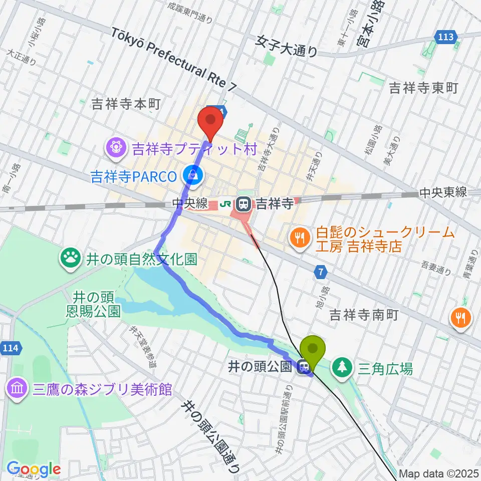 井の頭公園駅から吉祥寺Planet Kへのルートマップ地図