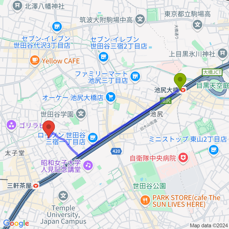 池尻大橋駅から三軒茶屋グレープフルーツムーンへのルートマップ地図