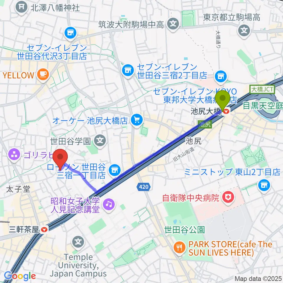 池尻大橋駅から三軒茶屋グレープフルーツムーンへのルートマップ地図